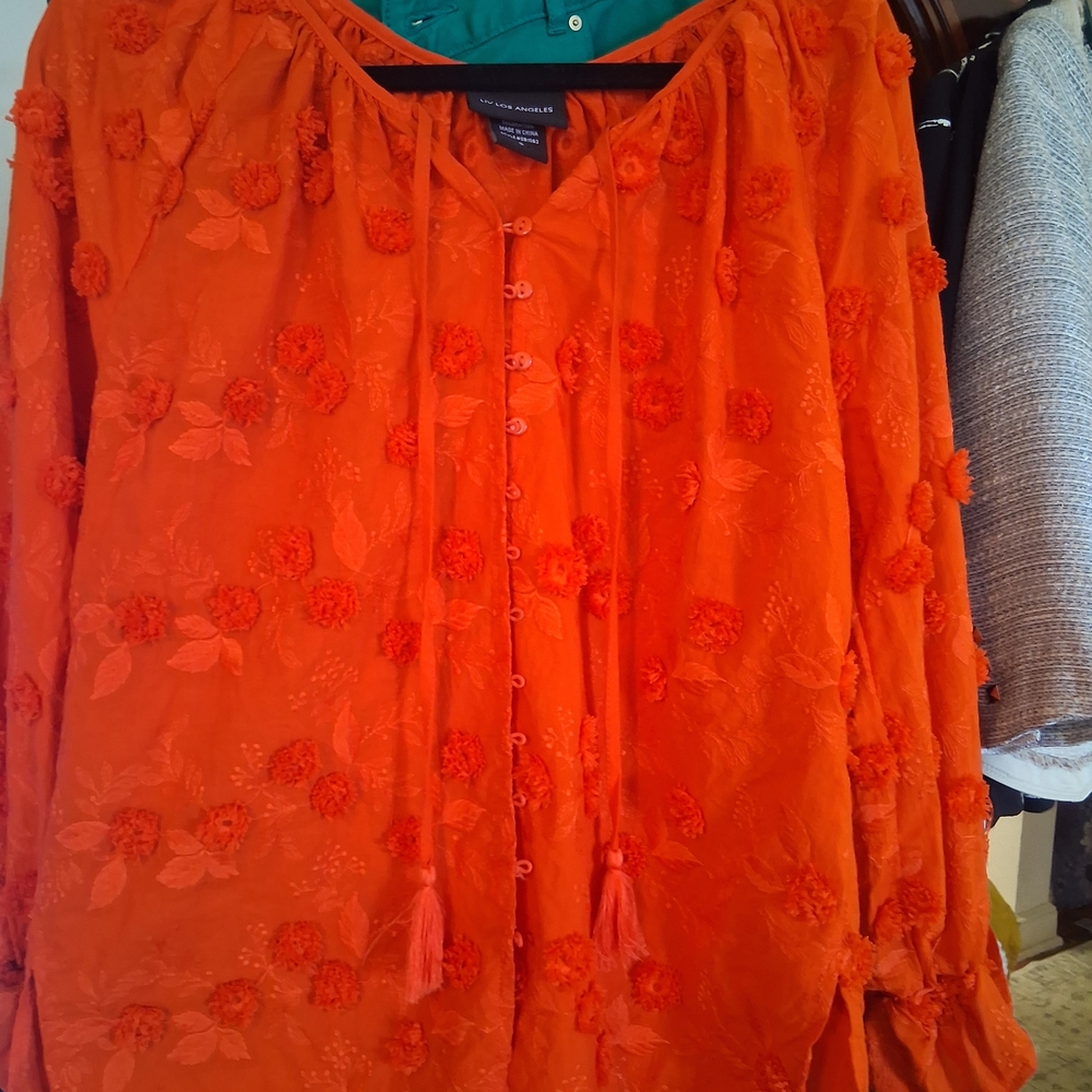 LIV LOS ANGELES Orange Embroidered Pom-Pom Tunic Top